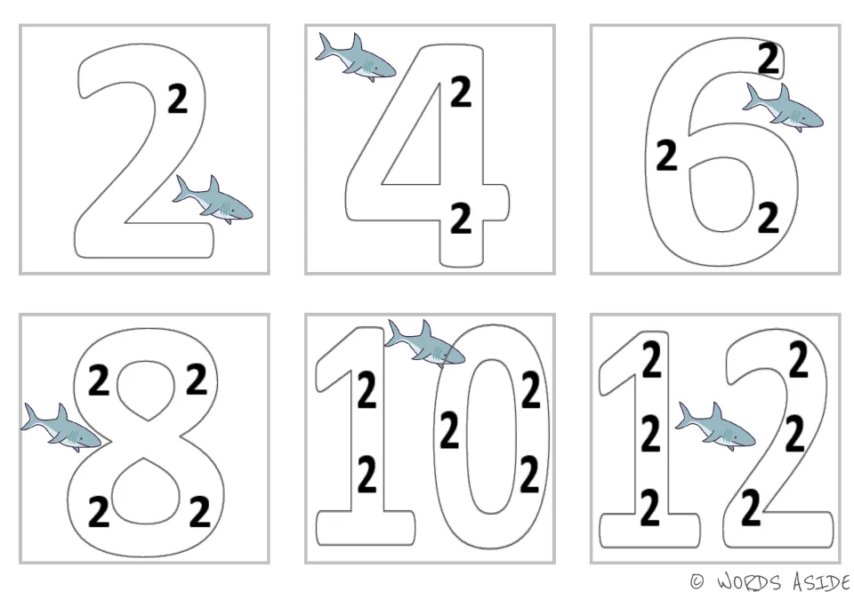 Counting by 2s: shark cards show outline numbers 2, 4, 6, 8, 10 and 12, each filled with 2s adding up to it