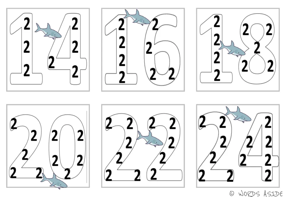 Counting by 2s continued: shark cards for outline numbers 14 to 24, each filled with enough 2s to add up to the total