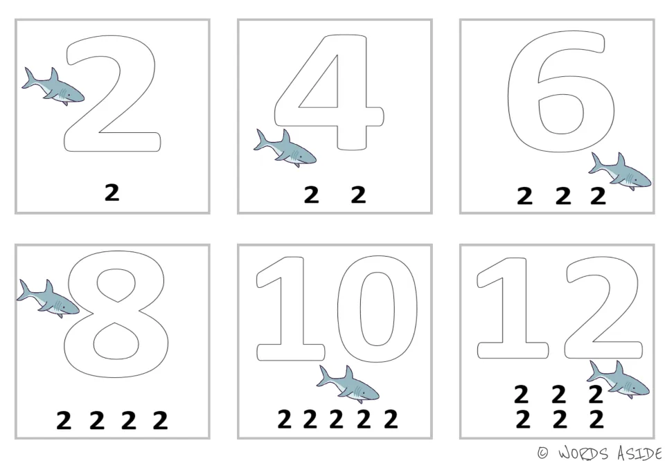 Twos as addends: shark cards with outline numbers 2 to 12 and one to six 2s printed below each numeral to add together