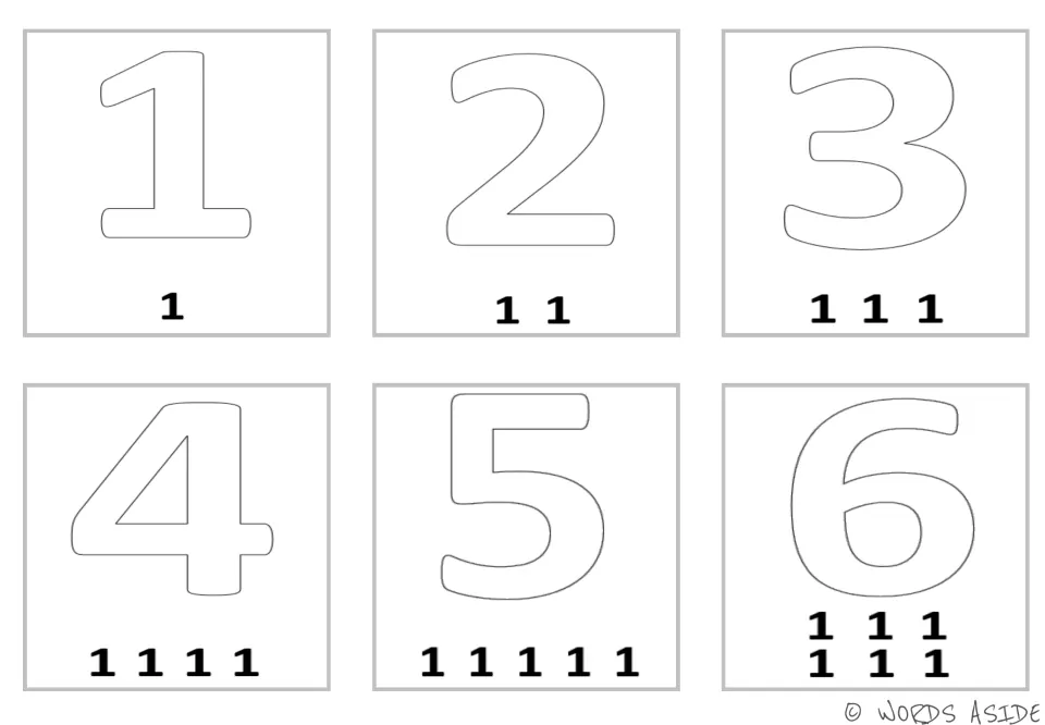 Ones facts version 2: outlined numerals 1 to 6 with a row of 1s beneath each, for students to count up