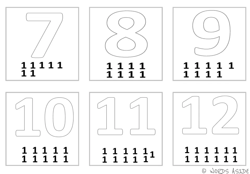 Ones facts version 2: outlined numerals 7 to 12, each with its matching count of 1s under it for repeated addition
