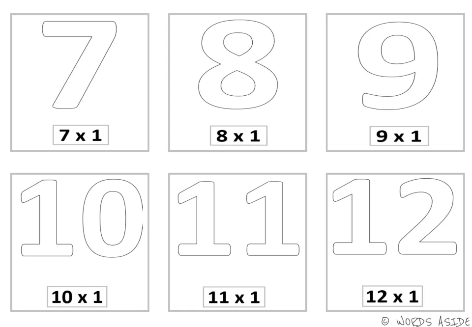 Ones multiplication facts: outlined numerals 7 to 12 labeled 7 x 1, 8 x 1, 9 x 1, 10 x 1, 11 x 1 and 12 x 1