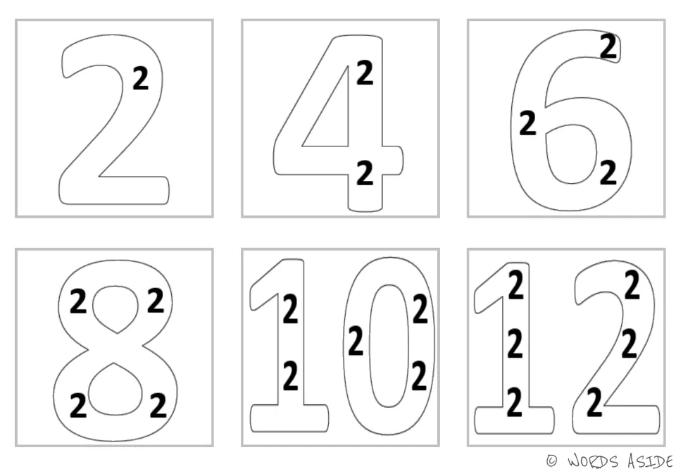 Twos facts as repeated addition: outlined numerals 2, 4, 6, 8, 10 and 12, each filled with 2s that add up to the number