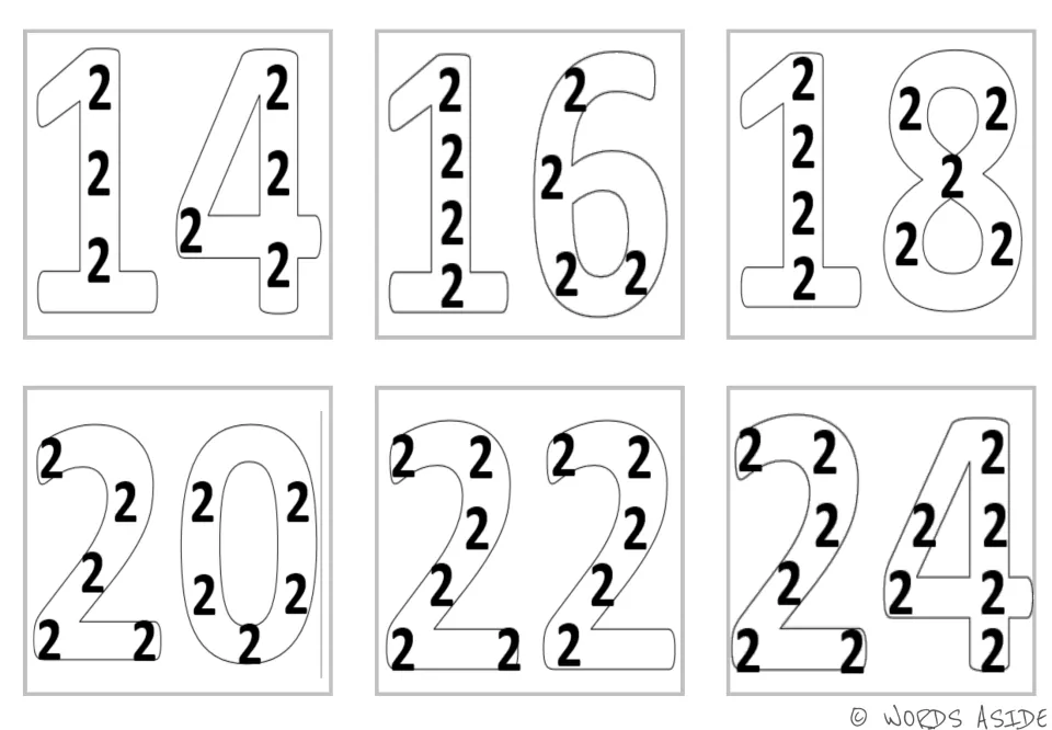 Twos facts as repeated addition: outlined numerals 14 to 24 by twos, each holding 7 to 12 printed 2s to add up