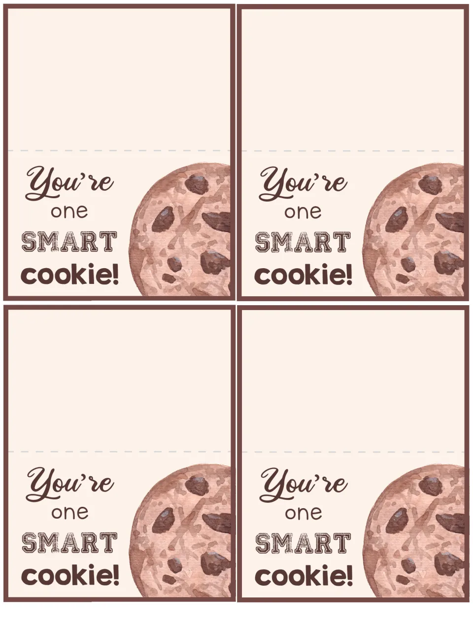 Fold-over treat bag toppers: four rectangular tags reading You're one smart cookie! beside a chocolate chip cookie
