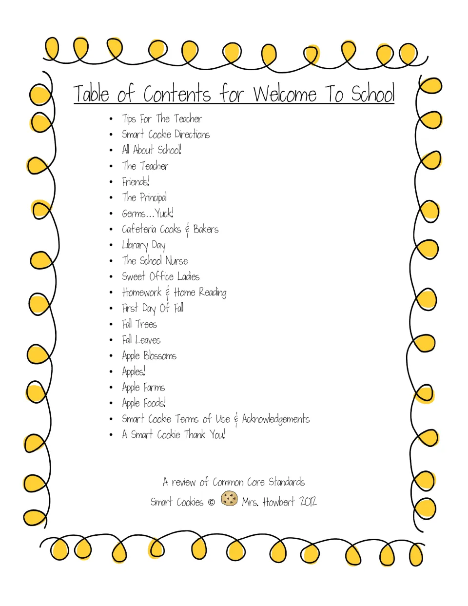 Table of contents lists teacher tips, directions, school topics, fall trees, apples, and closing credits