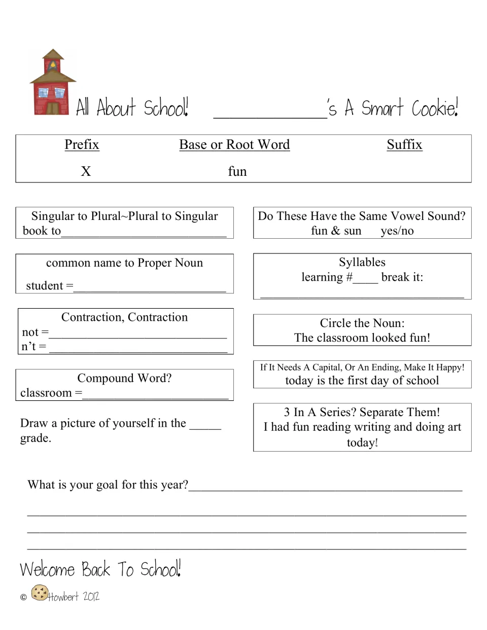 All About School practice uses fun, book, and classroom for word study and asks students for a yearly goal