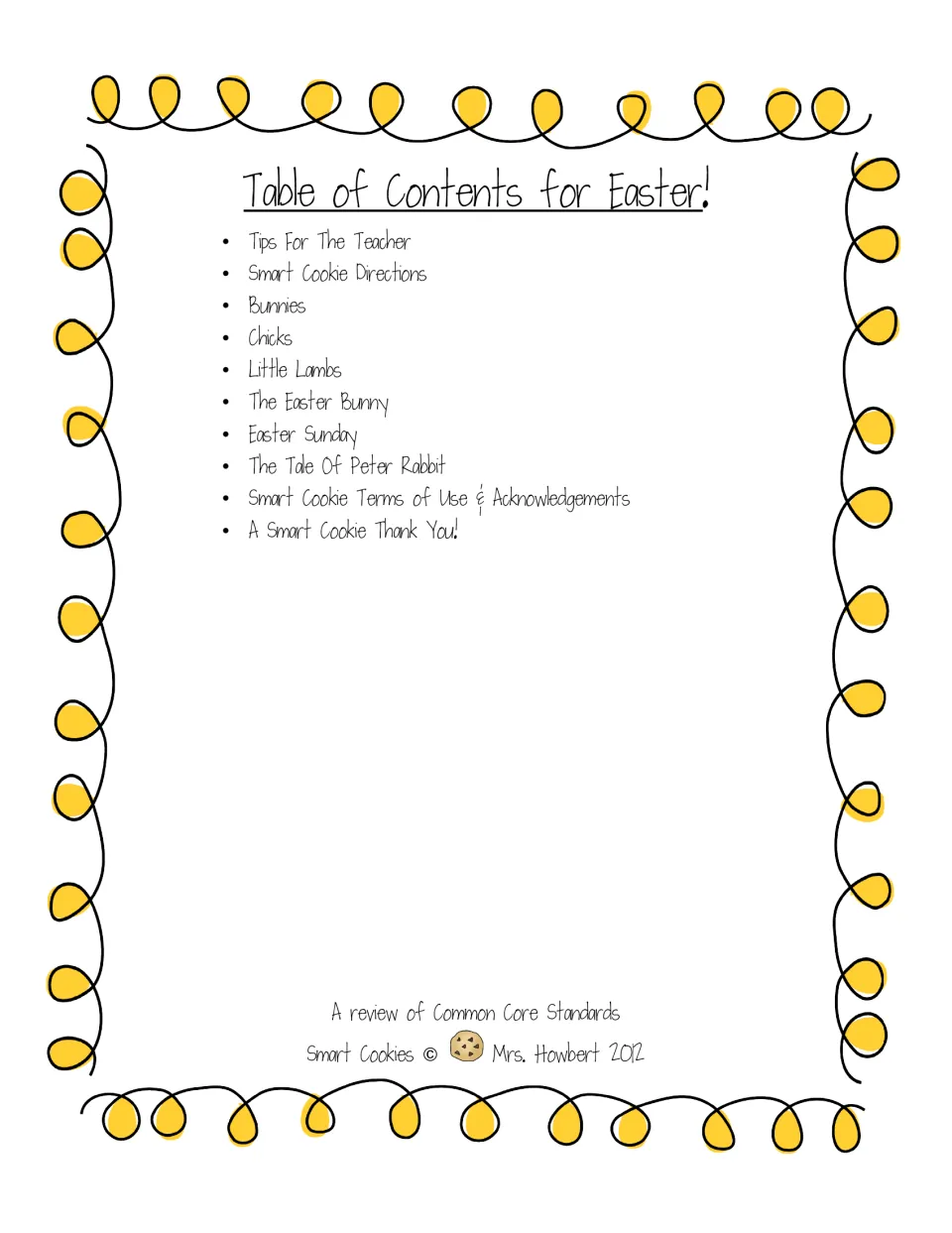 Easter packet contents listing teacher tips, directions, six worksheet themes, terms, and a thank-you section