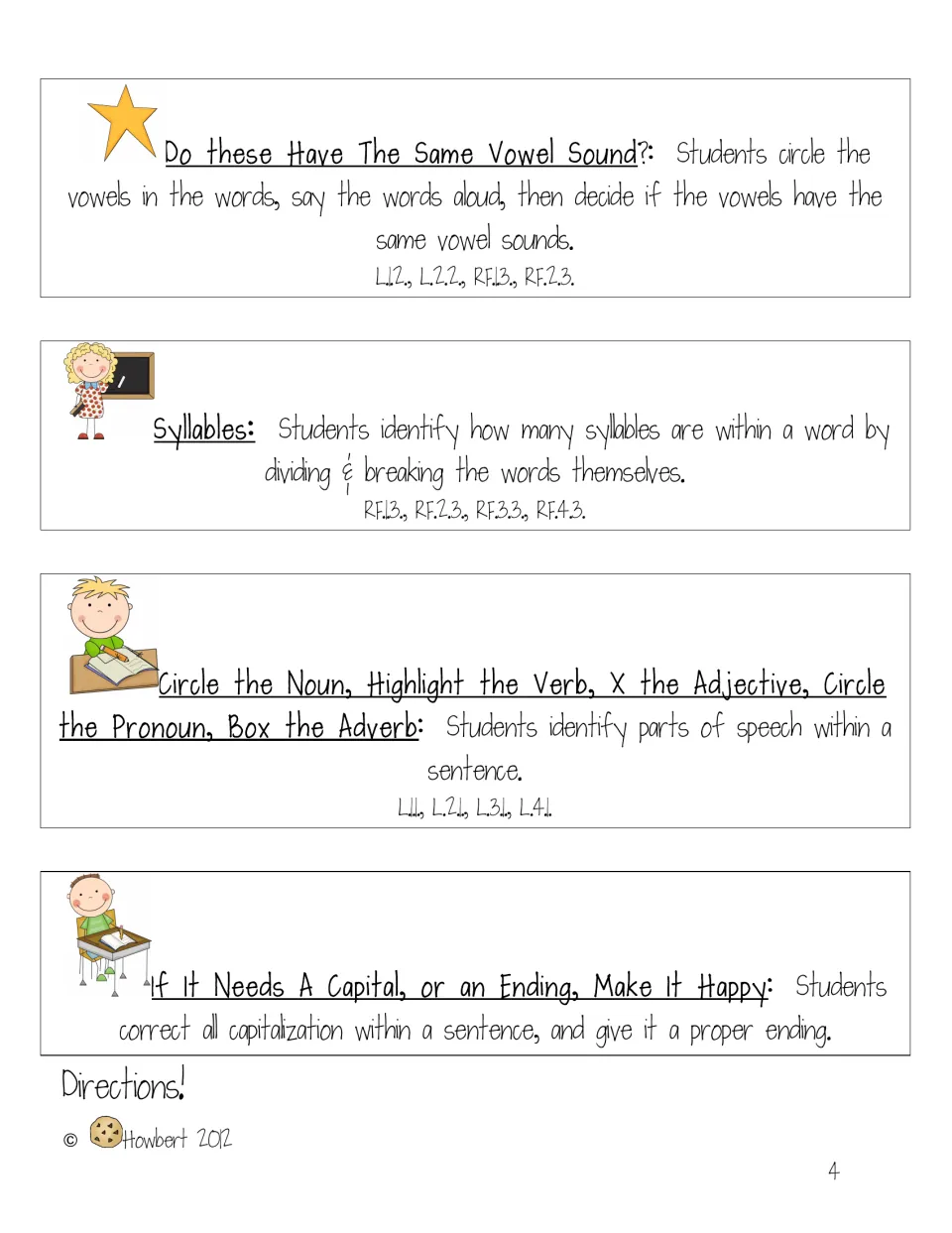 Directions page 4 explains comparing vowel sounds, counting syllables, identifying word roles, and editing