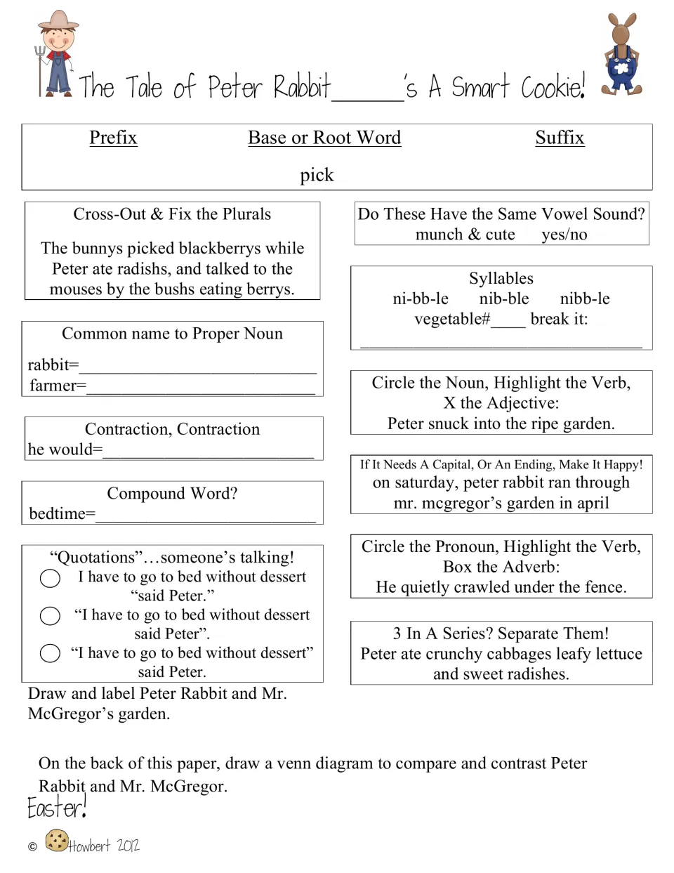 Peter Rabbit morning-work sheet uses the root word “pick,” plural corrections, and a character Venn diagram