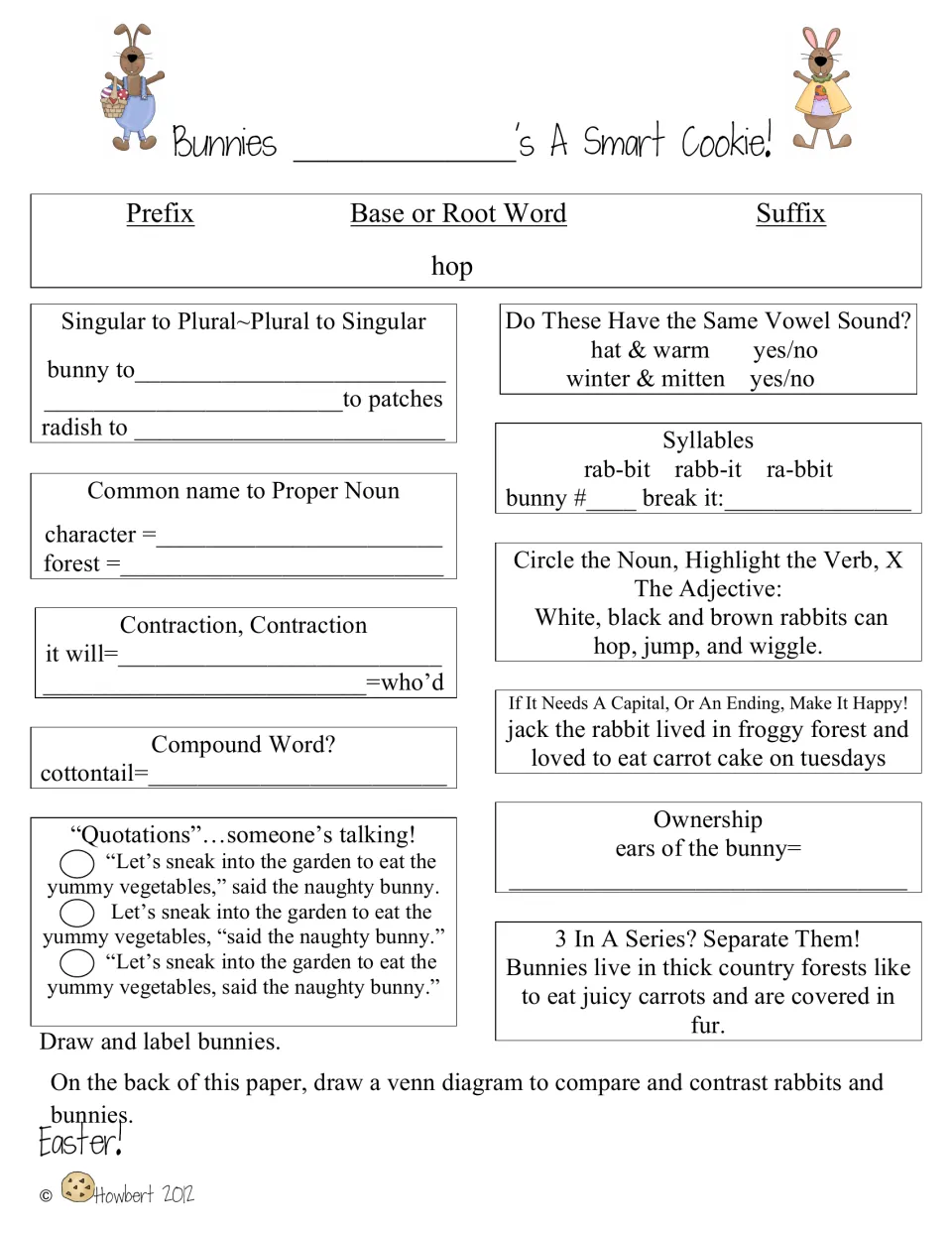 Bunnies morning-work sheet uses the root word “hop,” the compound word “cottontail,” and possessive practice