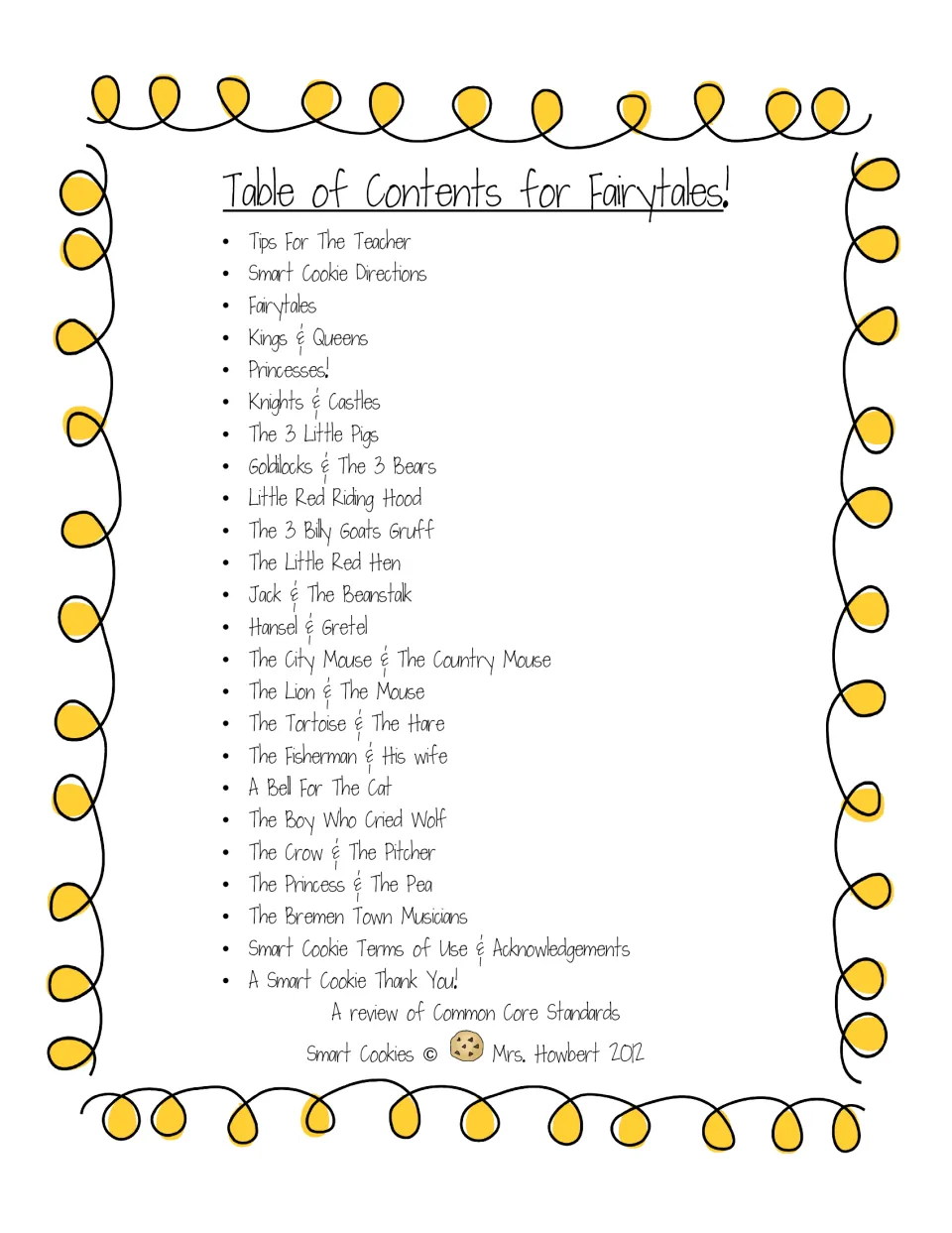 Packet contents list teacher tips, directions, fairytale themes, The 3 Little Pigs, and other stories