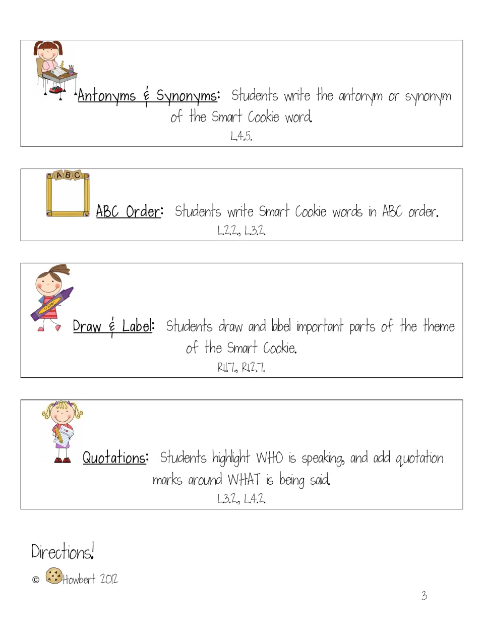 Directions cover antonyms, synonyms, ABC order, drawing and labeling, and marking speakers and quotations