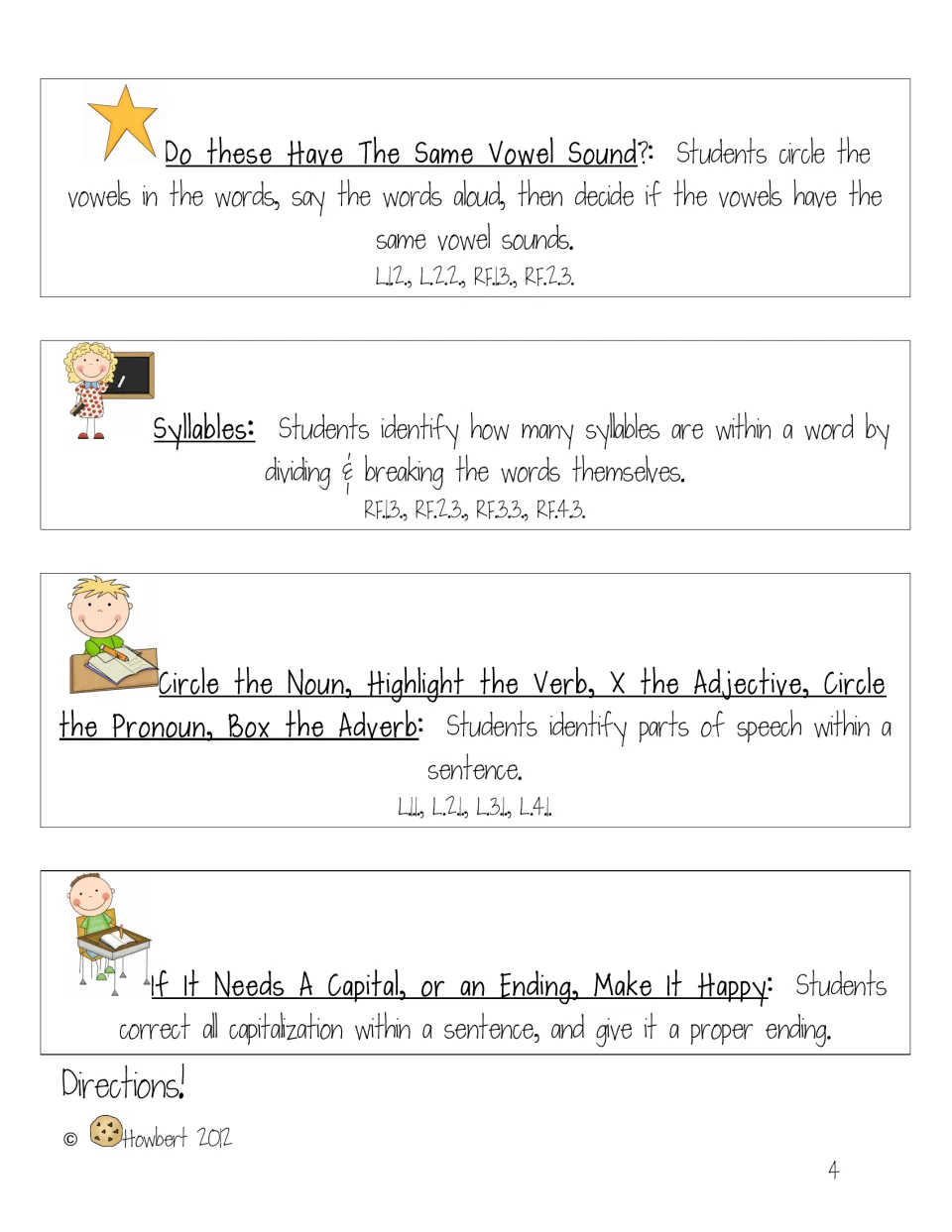 Directions explain comparing vowel sounds, counting syllables, identifying parts of speech, and editing