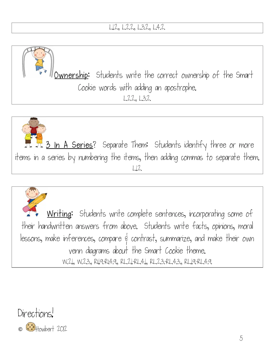 Directions explain possessive apostrophes, commas in a series, and writing facts, opinions, and summaries