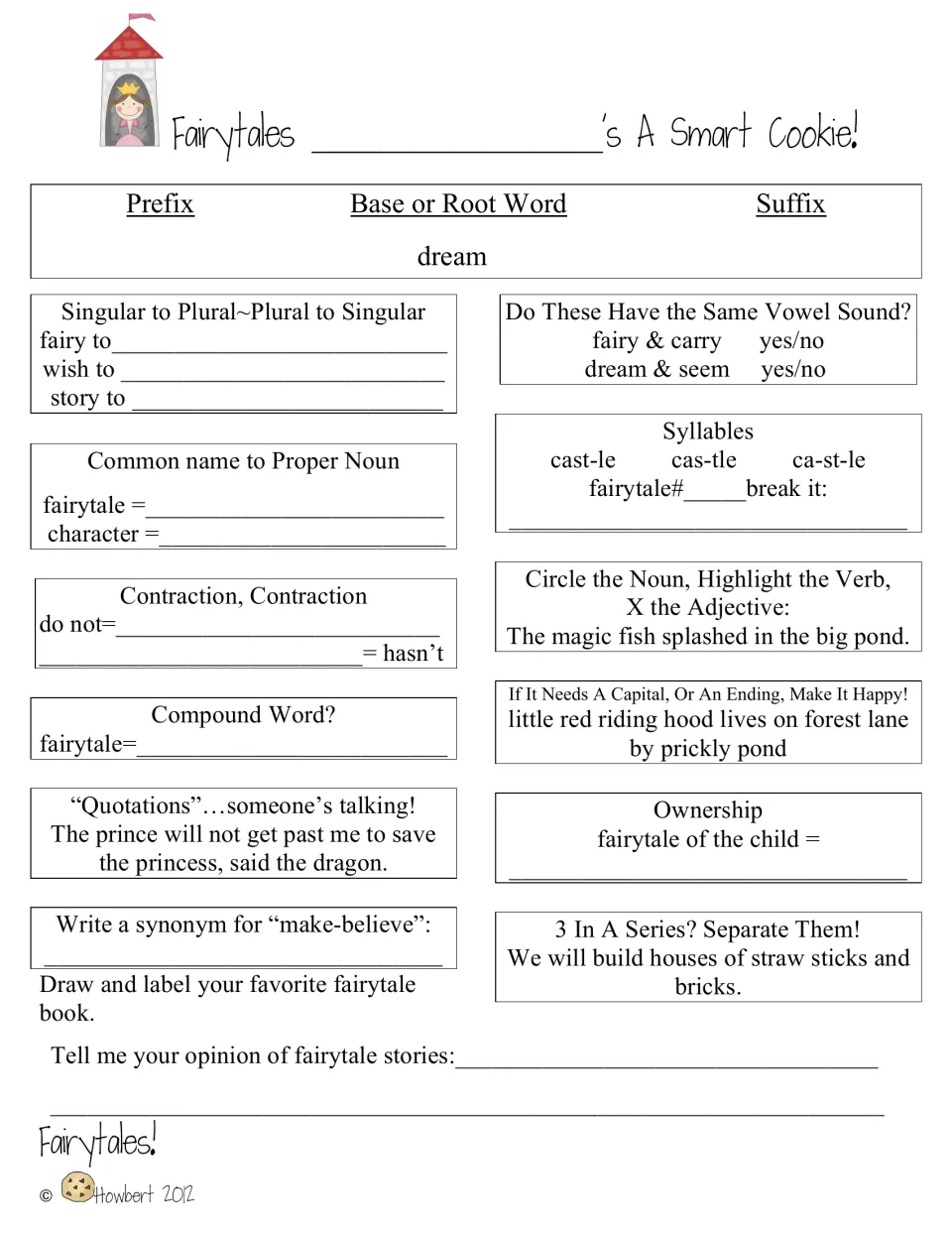 Fairytales practice uses the root word dream, fairy and carry vowel sounds, and an opinion-writing prompt