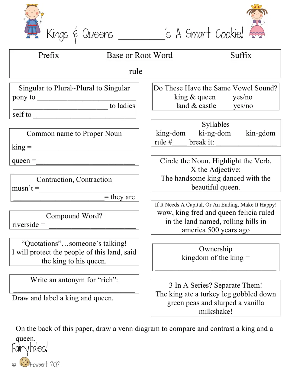 Kings and Queens practice uses the root word rule, an antonym for rich, and a king-and-queen Venn diagram task