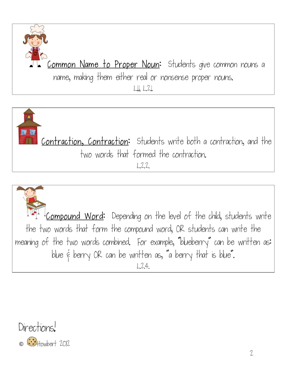 Activity directions cover naming proper nouns, forming and expanding contractions, and explaining compound words
