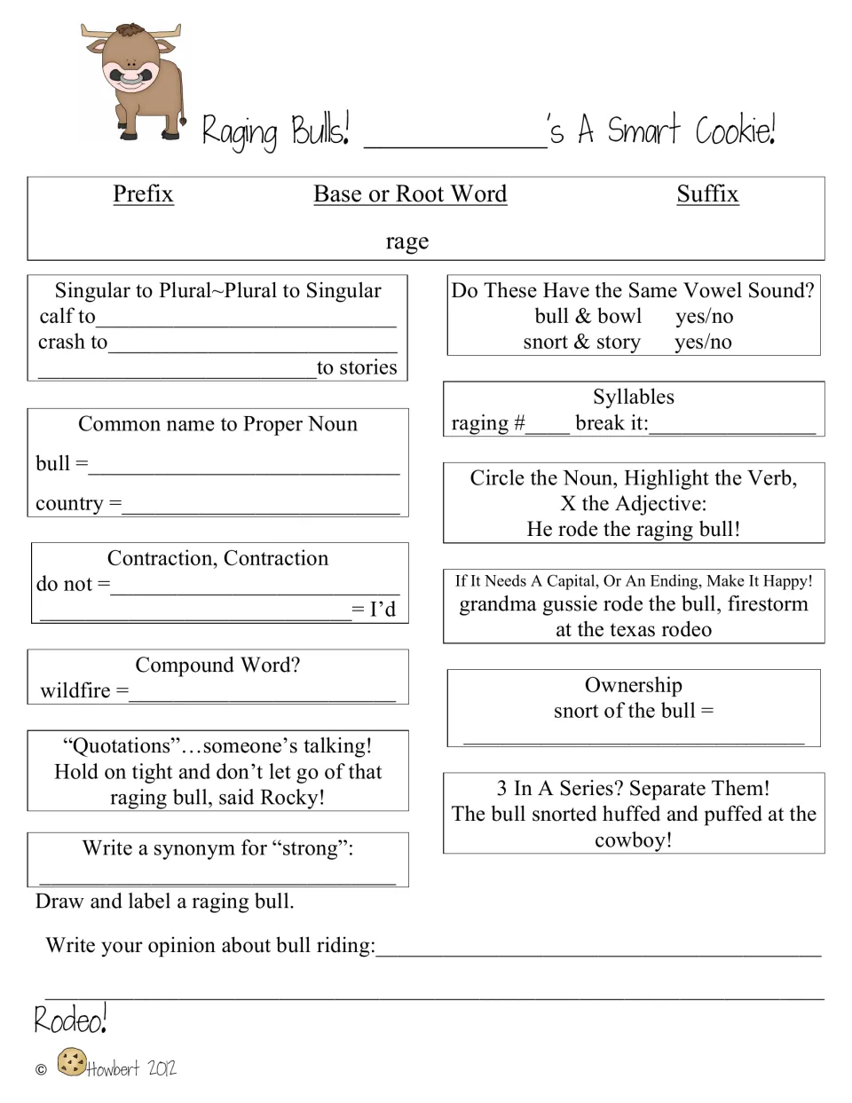 Raging Bulls morning-work sheet uses rage, calf and wildfire for language practice and asks for a bull-riding opinion