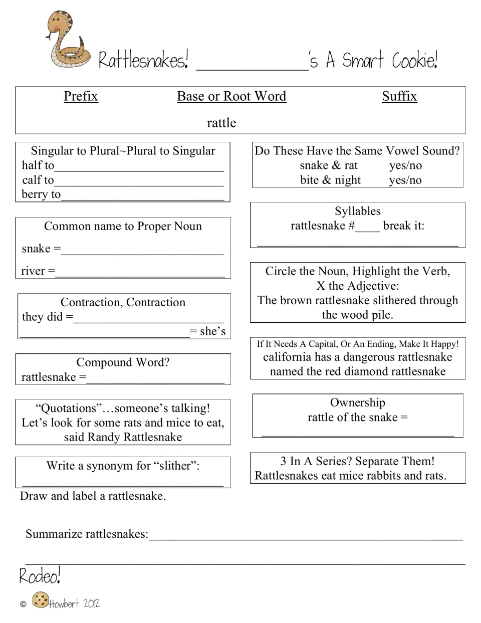 Rattlesnakes morning-work sheet uses rattle, half and berry for language practice and asks students to summarize snakes