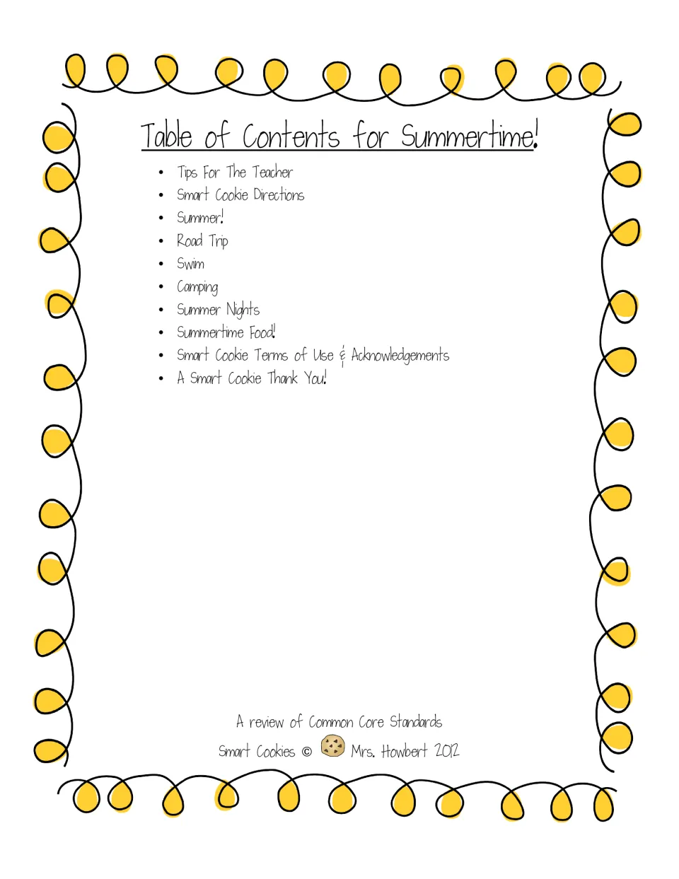 Contents for the summer packet list teacher tips, directions, Swim, Camping, Summer Nights, and other themes