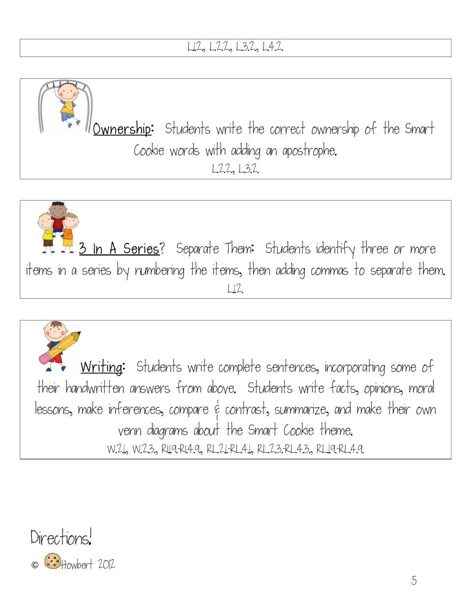 Directions explain possessive apostrophes, commas in a series, and writing sentences about each summer theme
