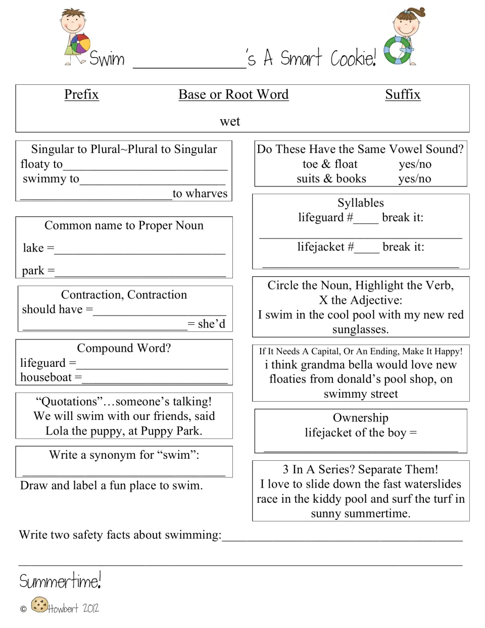 Swim morning-work sheet uses wet, lifeguard, and houseboat for word practice and asks for two swimming safety facts