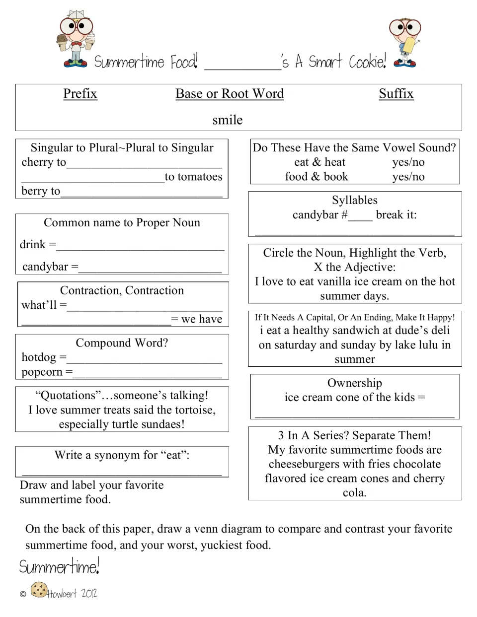 Summertime Food practice sheet uses smile, cherry, and popcorn and asks for a food comparison Venn diagram
