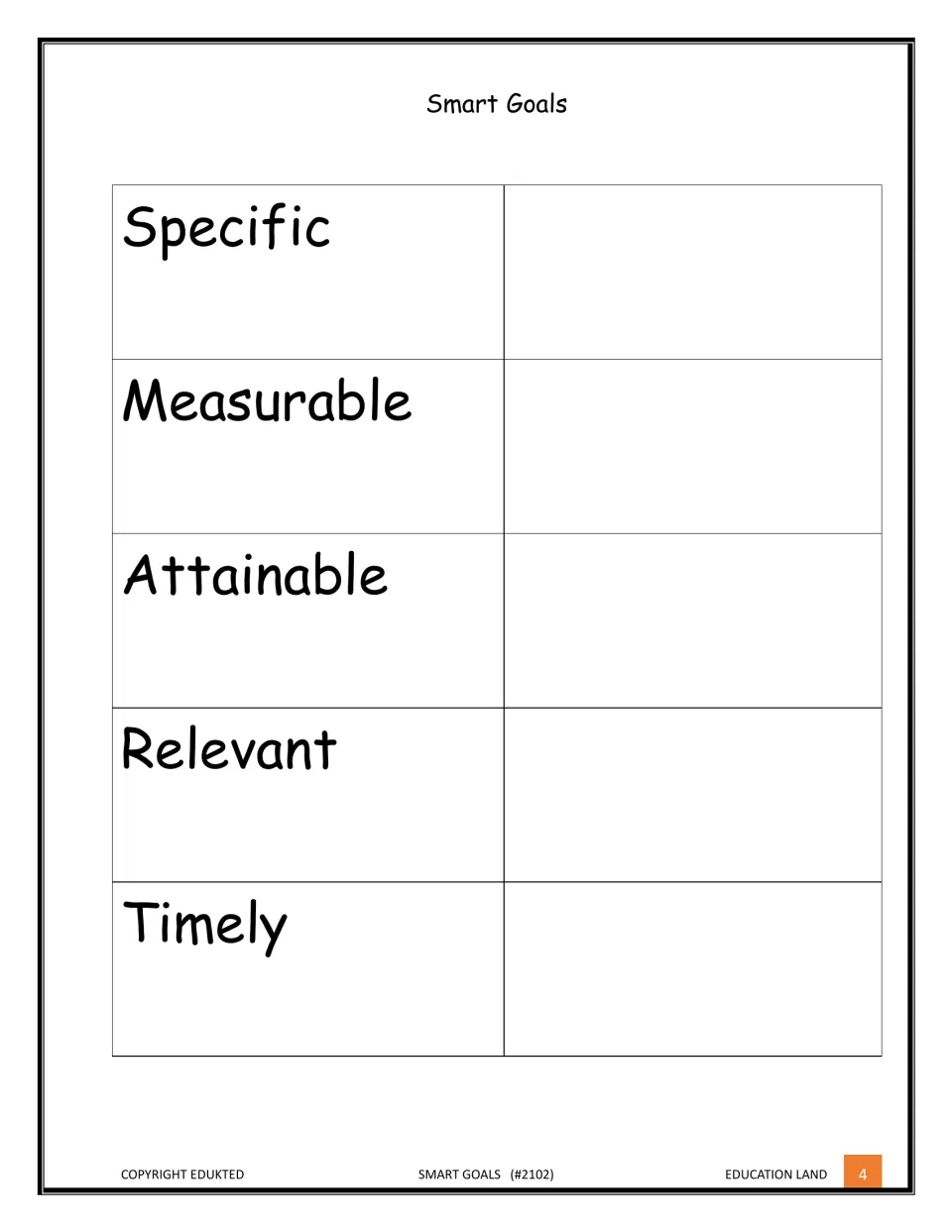 Goal planner listing Specific, Measurable, Attainable, Relevant and Timely with space beside each to write a goal part