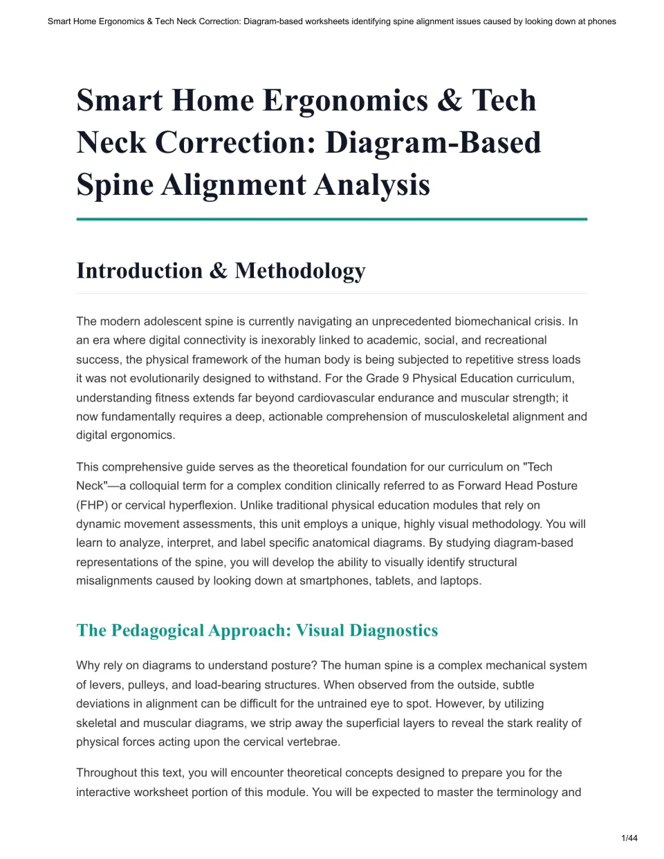 Unit introduction explaining diagram-based spine alignment analysis and the visual approach to tech neck