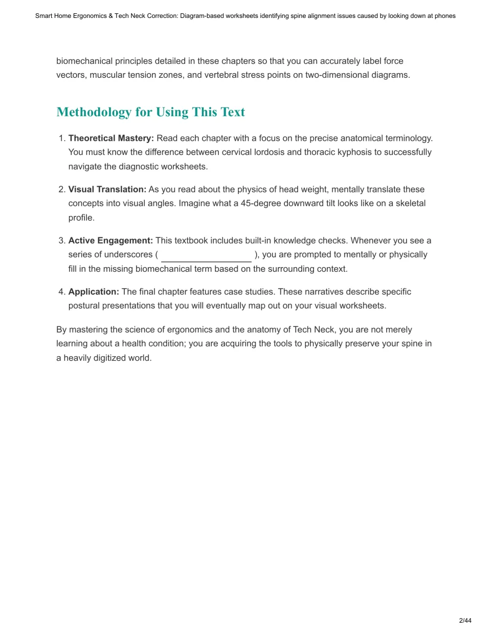 Reading methodology covering anatomical terms, visual translation, fill-in knowledge checks, and case studies