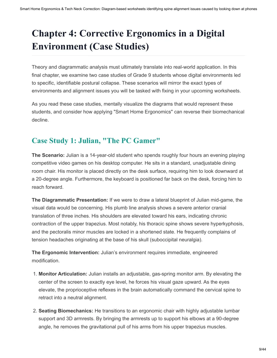Chapter 4 case study of Julian, a 14-year-old PC gamer, examining posture, monitor placement, and seating