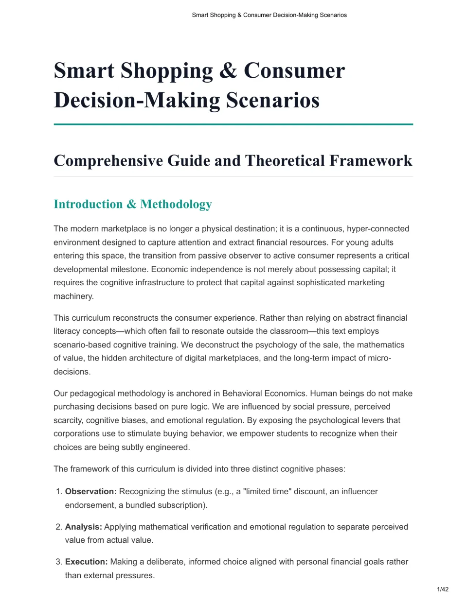 Smart Shopping title page and introduction outlining the observation, analysis and execution phases of consumer choices
