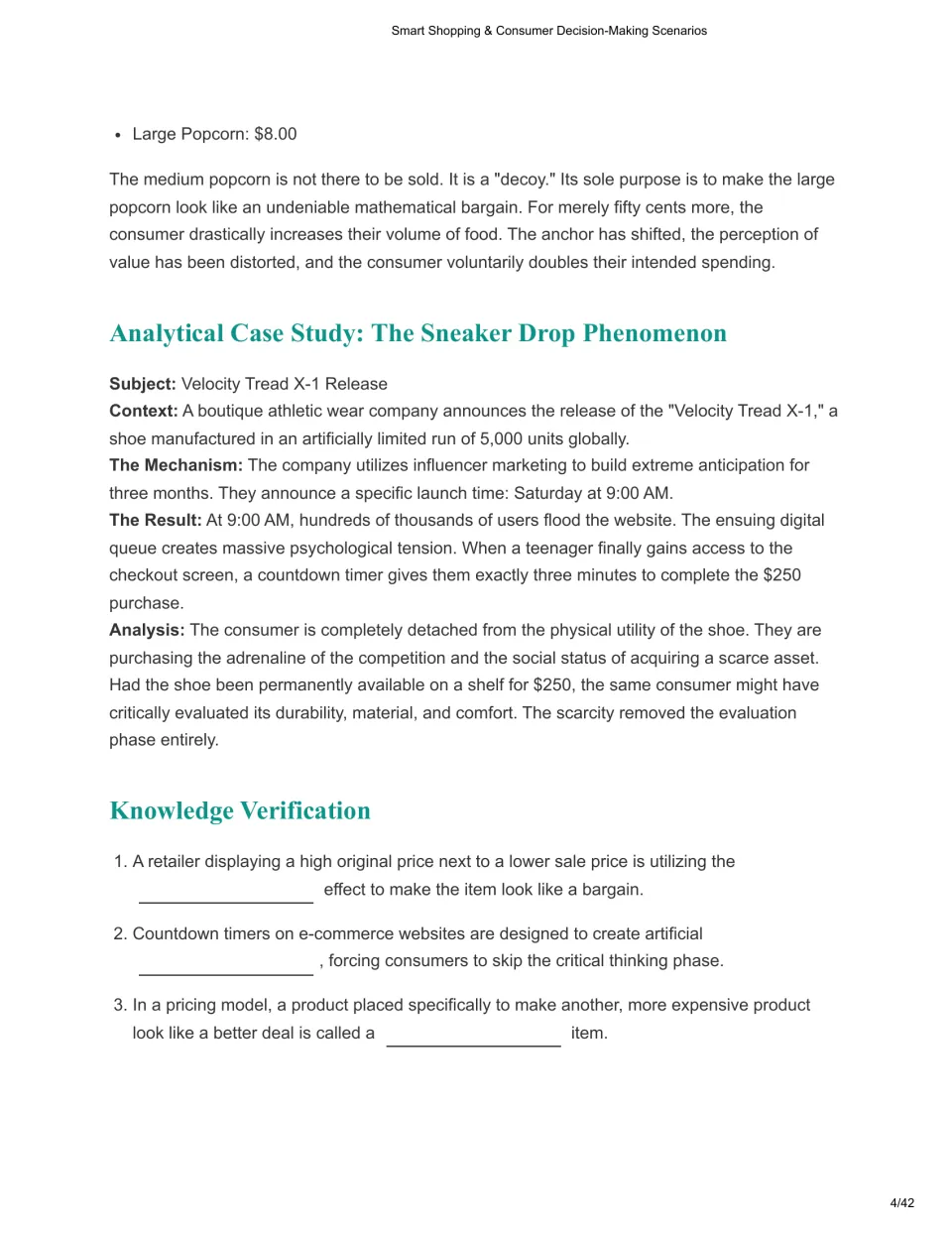 Sneaker drop case study on limited releases, then three fill-in-the-blank questions on anchoring, scarcity and decoy items