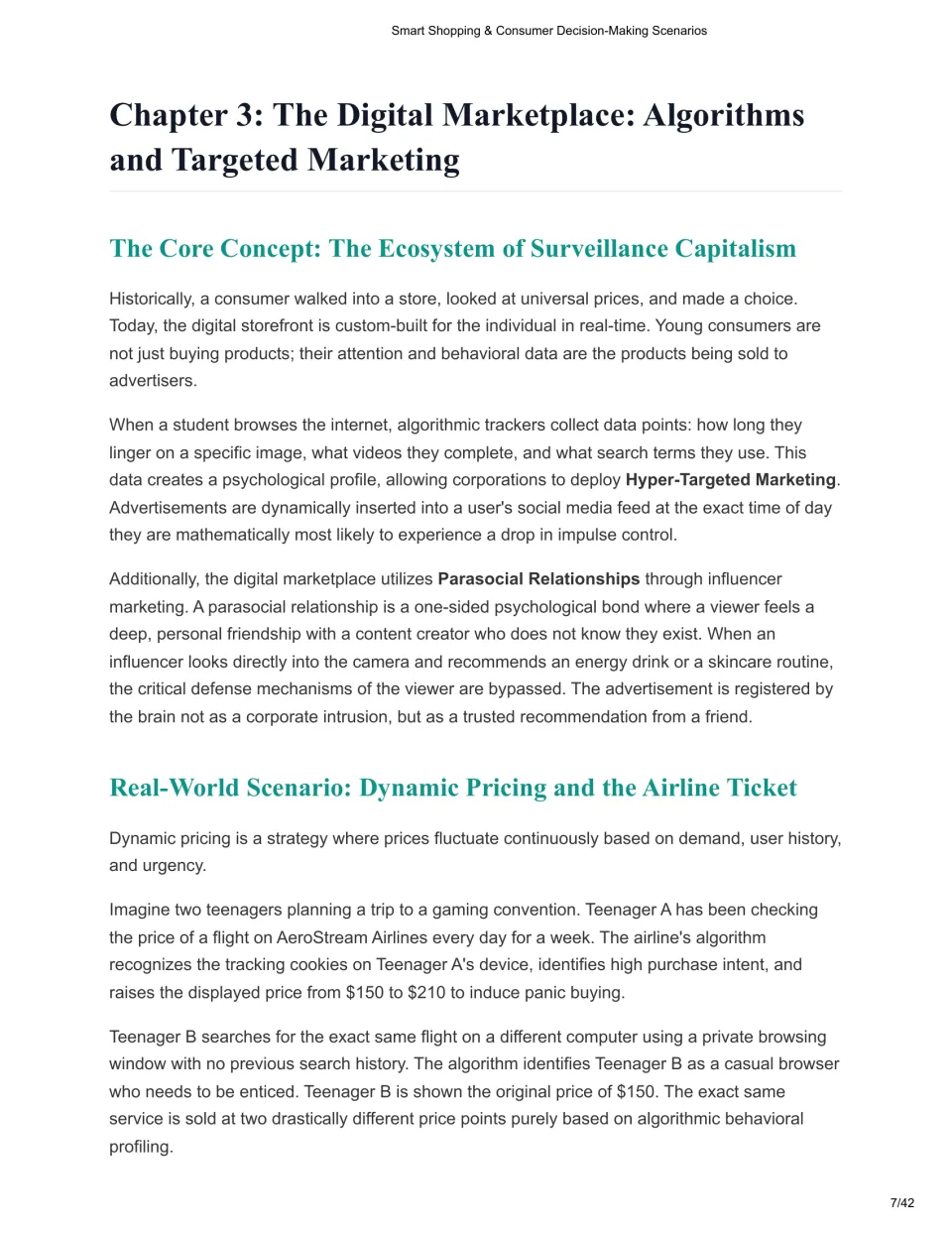 Chapter 3 reading on targeted ads, tracking and parasocial influencer bonds, with an airline dynamic pricing scenario