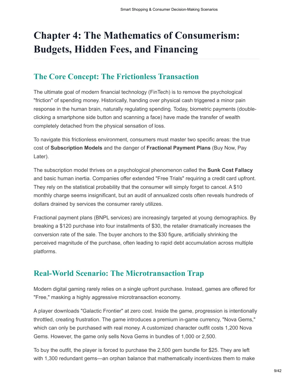 Chapter 4 on frictionless payments, subscriptions, sunk cost and buy now pay later, with an in-game currency scenario