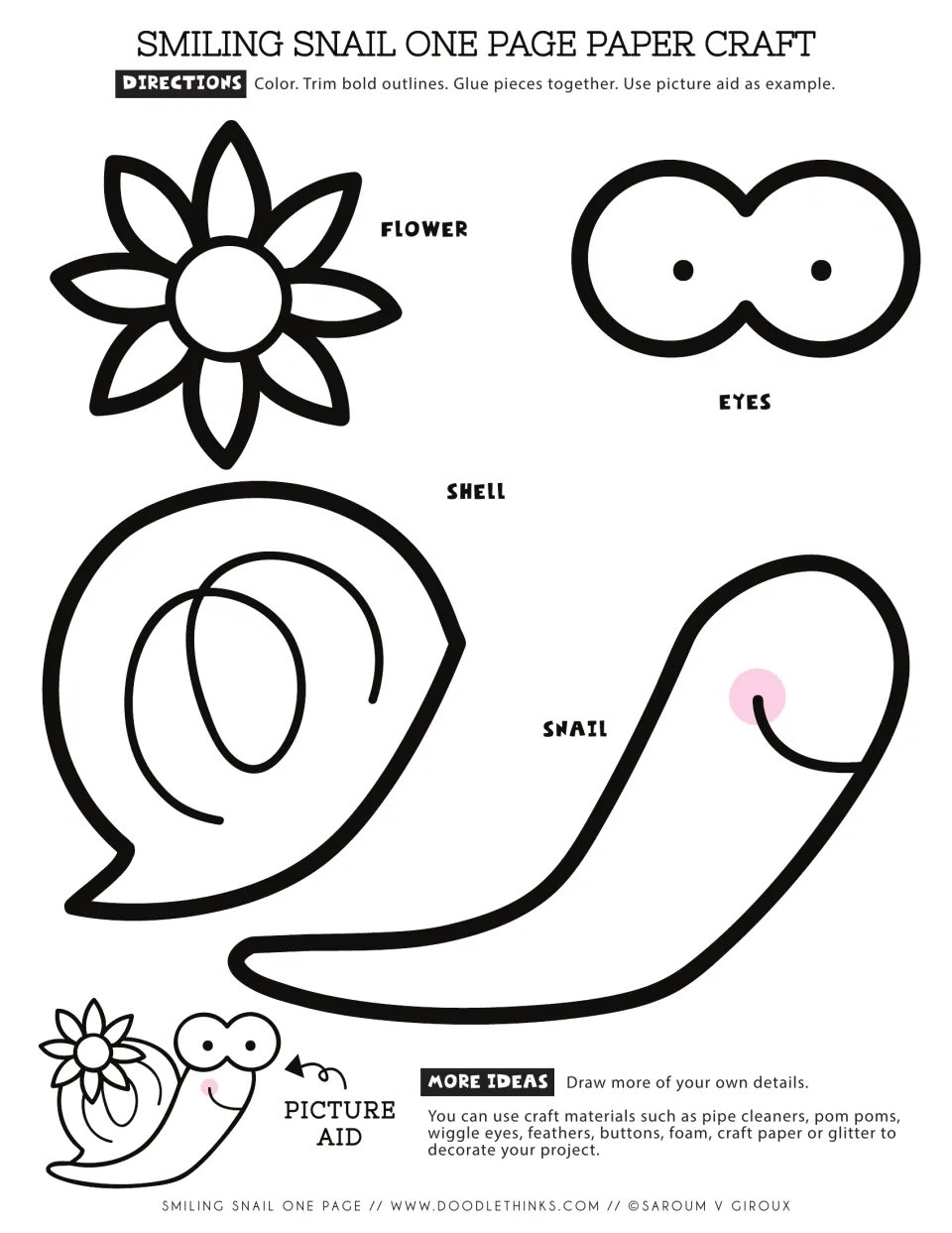 Smiling snail paper craft template: students color, cut out and glue a flower, eyes, shell and snail body