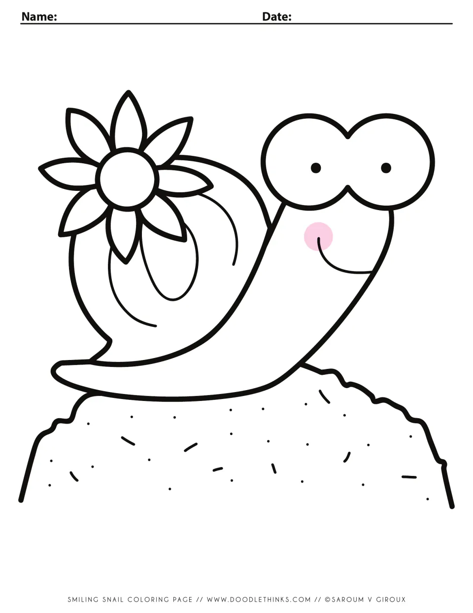 Smiling snail coloring page: a snail with big eyes, rosy cheek and a flower on its shell sits on a rock to color