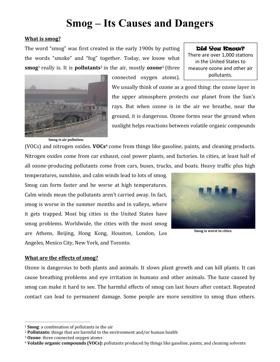 Smog: Its Causes and Dangers reading on ozone, VOCs, nitrogen oxides and health effects, with smog photos and a glossary