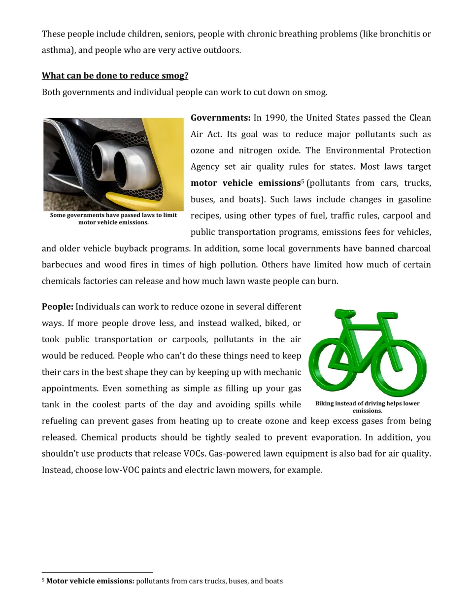 Reducing smog reading: the Clean Air Act, vehicle emission laws and steps people can take, like biking and low-VOC paints