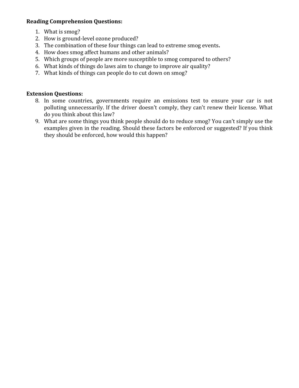 Smog questions: students answer 7 reading comprehension items and 2 extension items asking for opinions on smog solutions