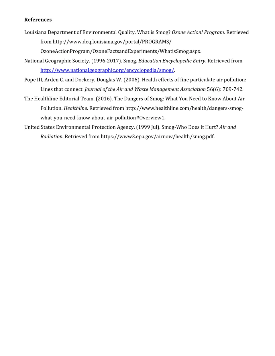 References list citing smog sources from the EPA, National Geographic, Healthline and Louisiana environmental agency