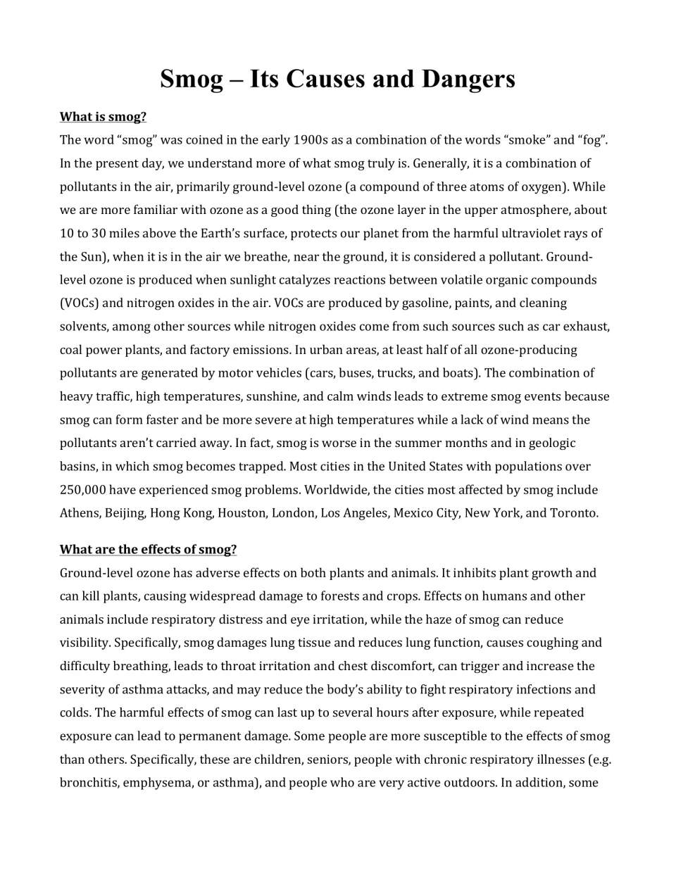 Opening article page explains smog formation, ground-level ozone, and effects on plants, animals, and people.