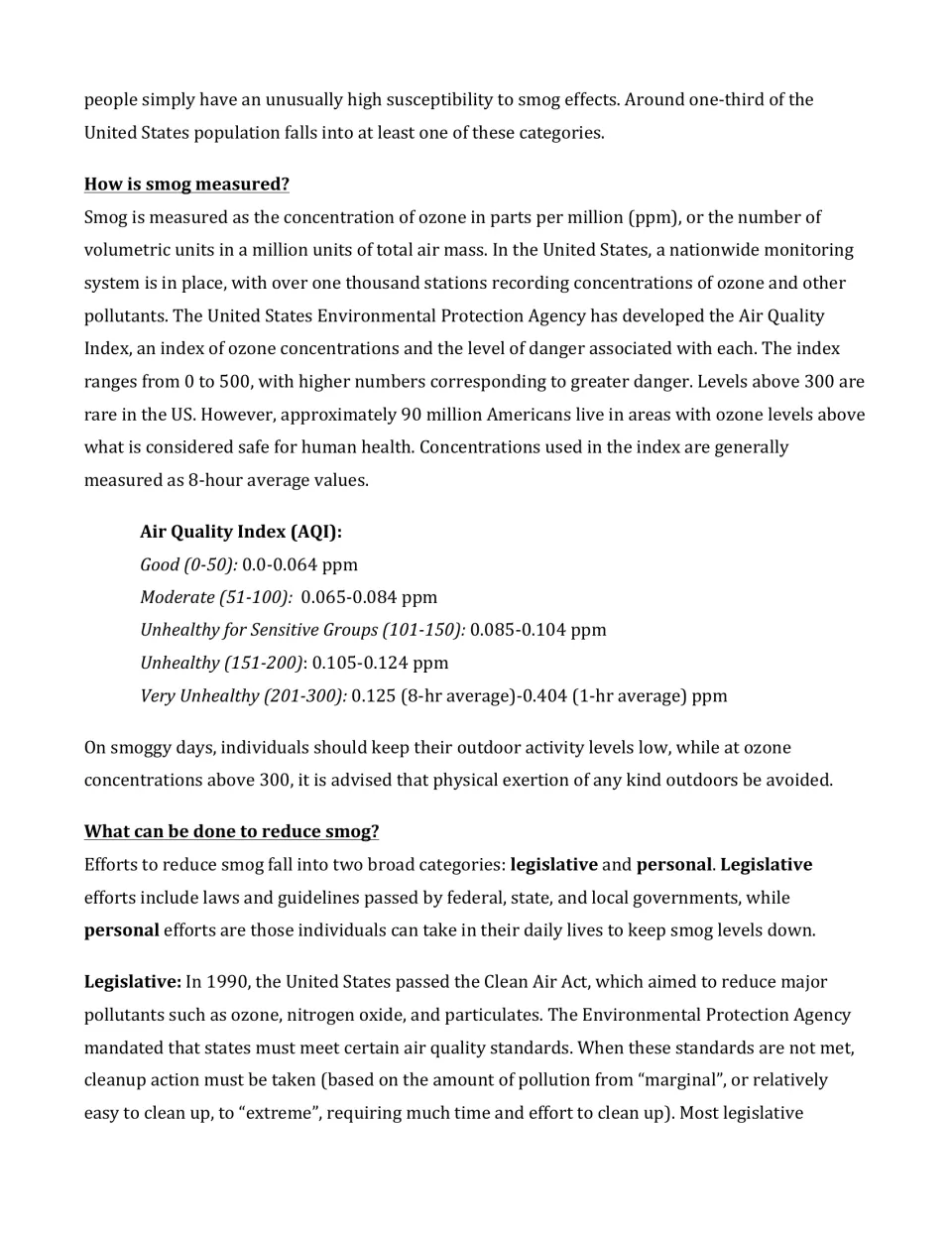 Second article page explains ozone measurement, Air Quality Index ranges, and legislative efforts to reduce smog.