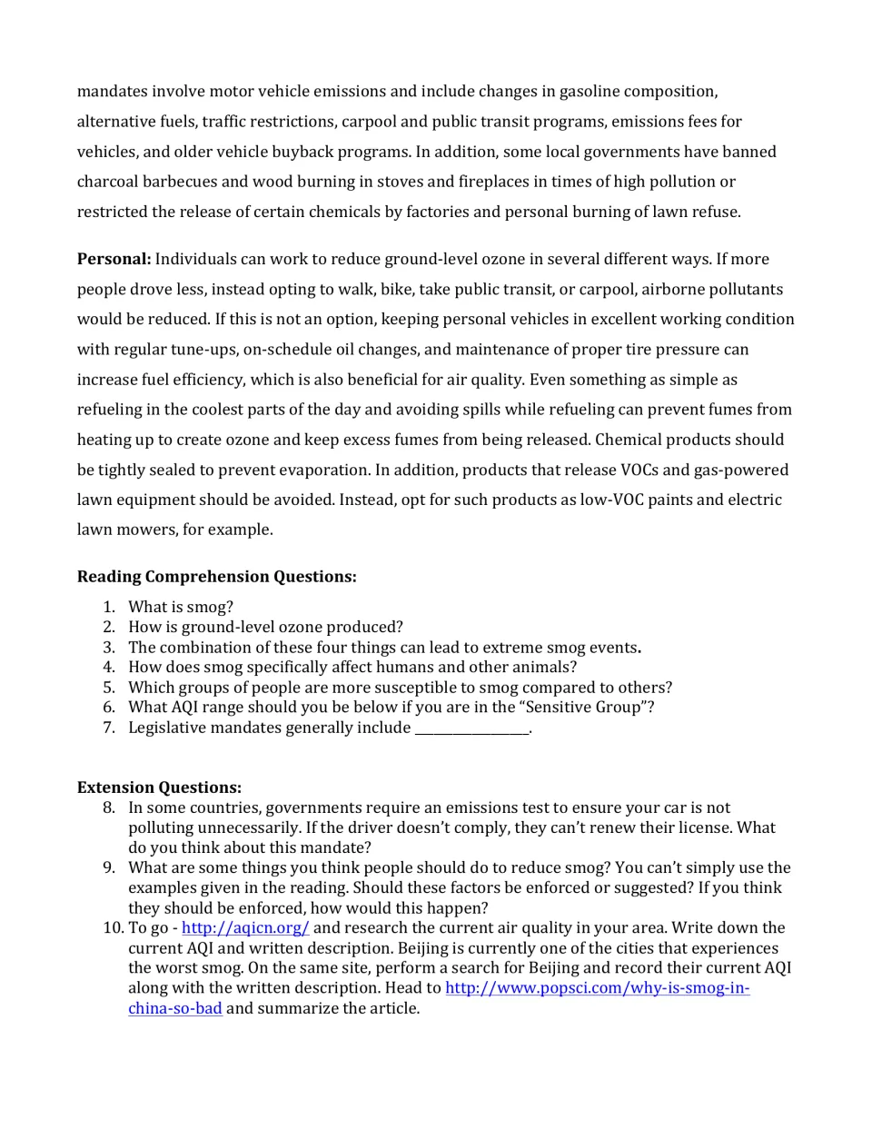 Final article page covers personal smog reduction, followed by seven comprehension and three extension questions.