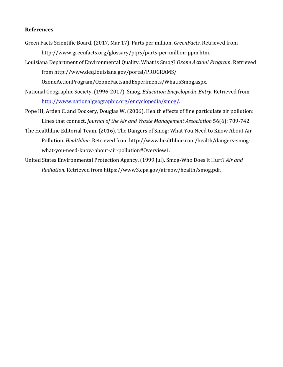 References page lists six sources for the smog article, including GreenFacts, National Geographic, and the EPA.