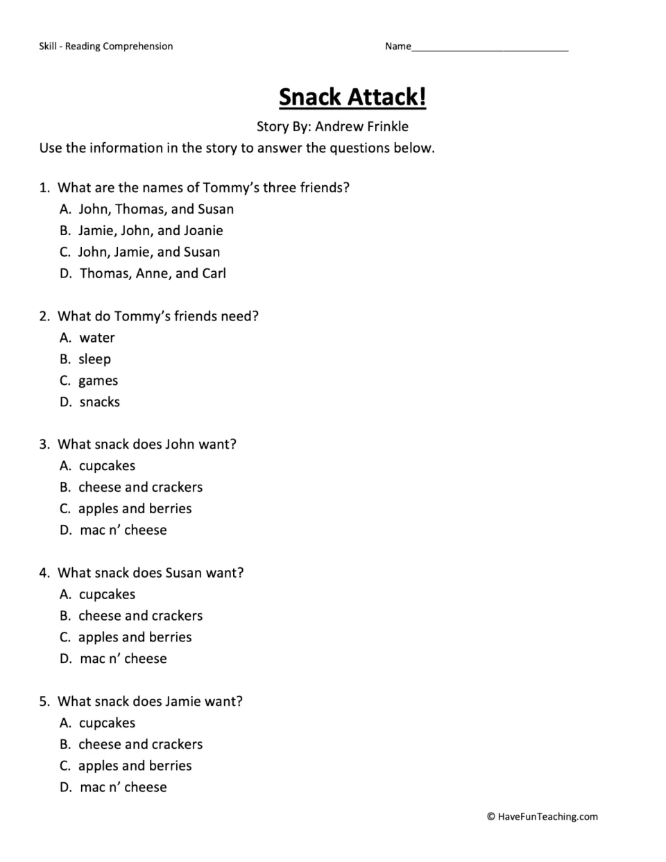 Reading comprehension questions: students answer 5 multiple-choice items on Tommy's friends and the snack each one wants