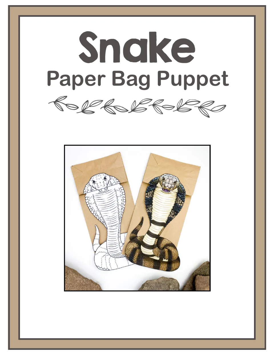 Snake paper bag puppet cover showing two finished cobra puppets on brown bags, one in color and one black and white