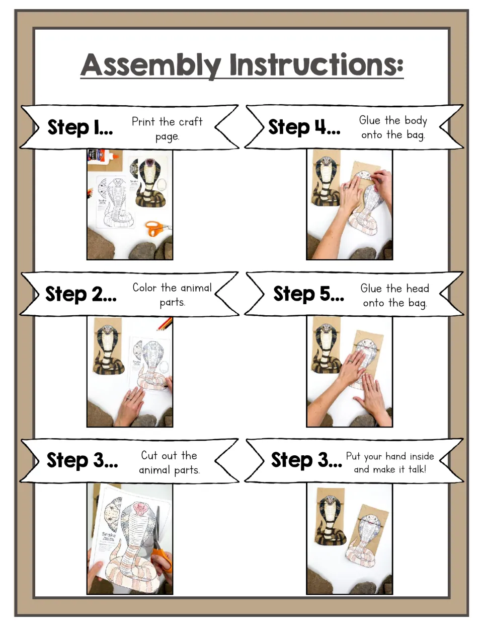 Cobra puppet assembly steps: print, color and cut out the parts, glue the body then the head on a bag, then make it talk