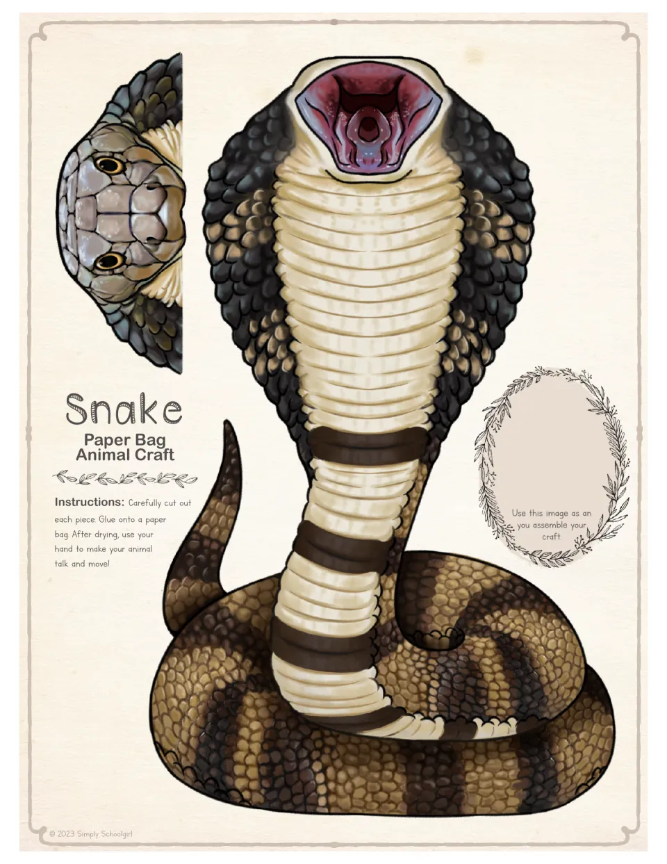 Full-color cobra craft pieces: a folding head piece and a hooded, coiled body for students to cut out and glue on a bag